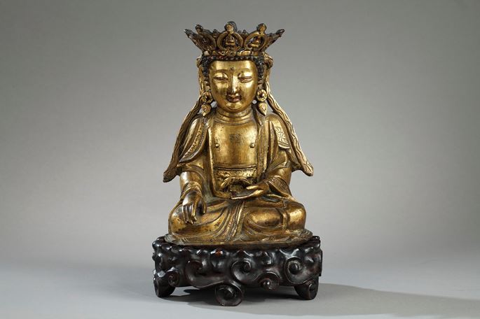 Figure of Bodhisattva  Gold bronze and sitting in padmasana  the hands in bhumisparsa mudra  | MasterArt